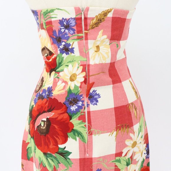 SOLD - Vintage Mica Red Gingham Floral Strapless Mini Dress Cotton/Linen/Silk - Picture 4 of 15